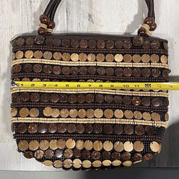 Handmade Coco Bead Shoulder Bag Brown Tan Boho Artsy Eclectic Beachy Resort Wear - Picture 4 of 8
